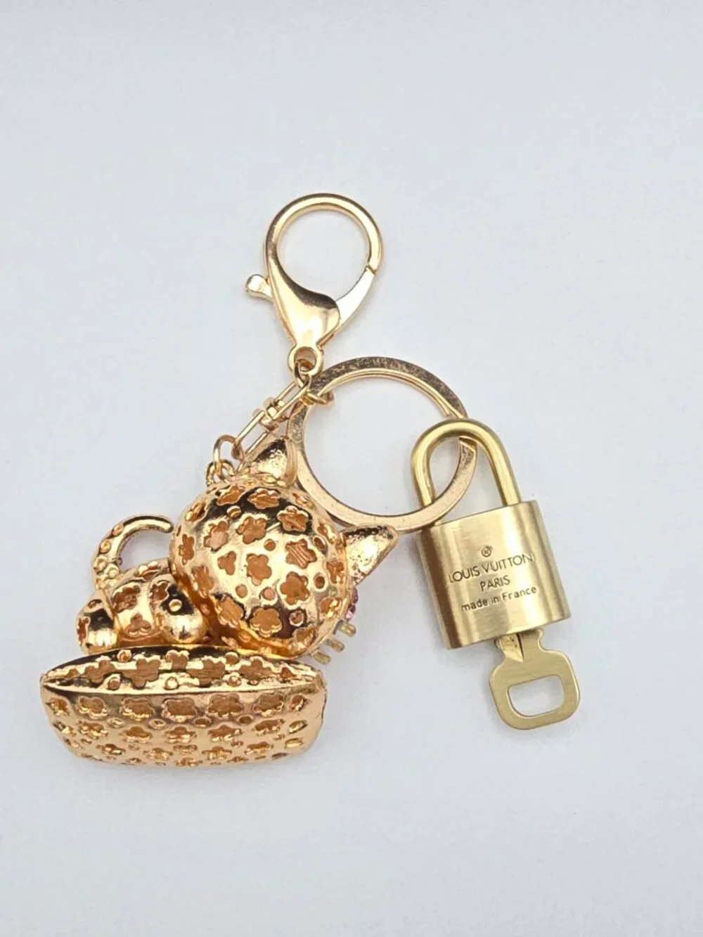 Louis Vuitton Gold Padlock Key 🔒 Authentic LV Charm + Unbranded Cat Keychain